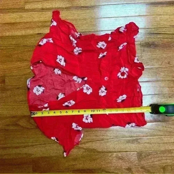 ZARA floral red cottage core top cap sleeve v neck button down size L - Picture 4 of 5